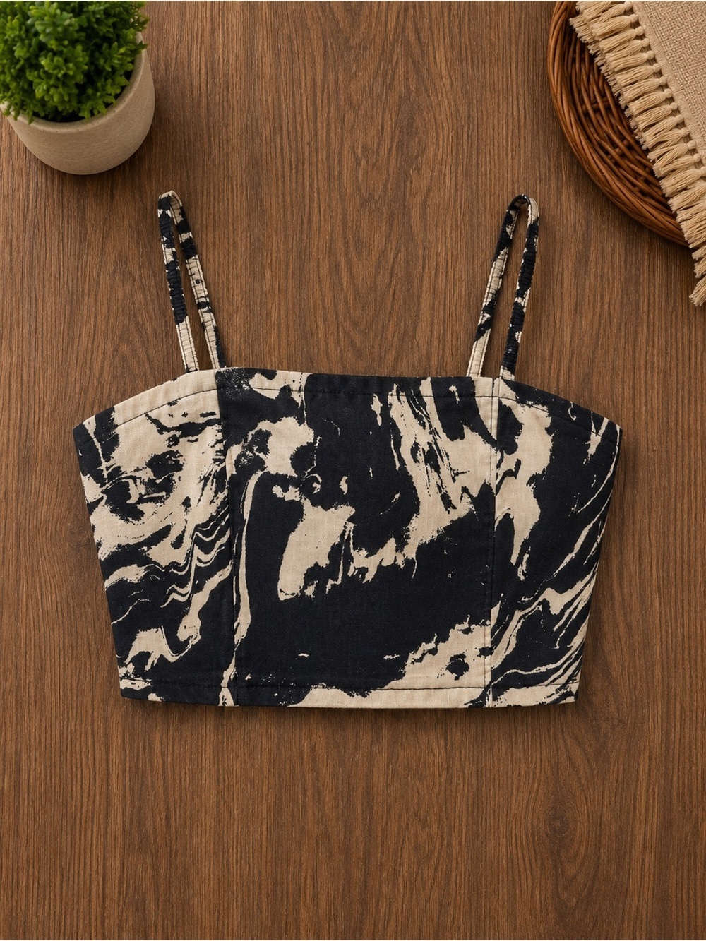 Fashion Nova Black & Cream Marble Crop Cami Top